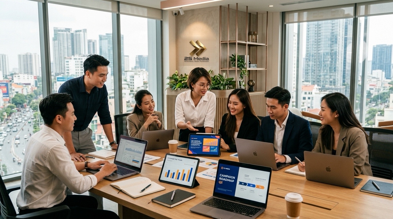 Ekip chiến lược 2S Media họp dự án tại văn phòng